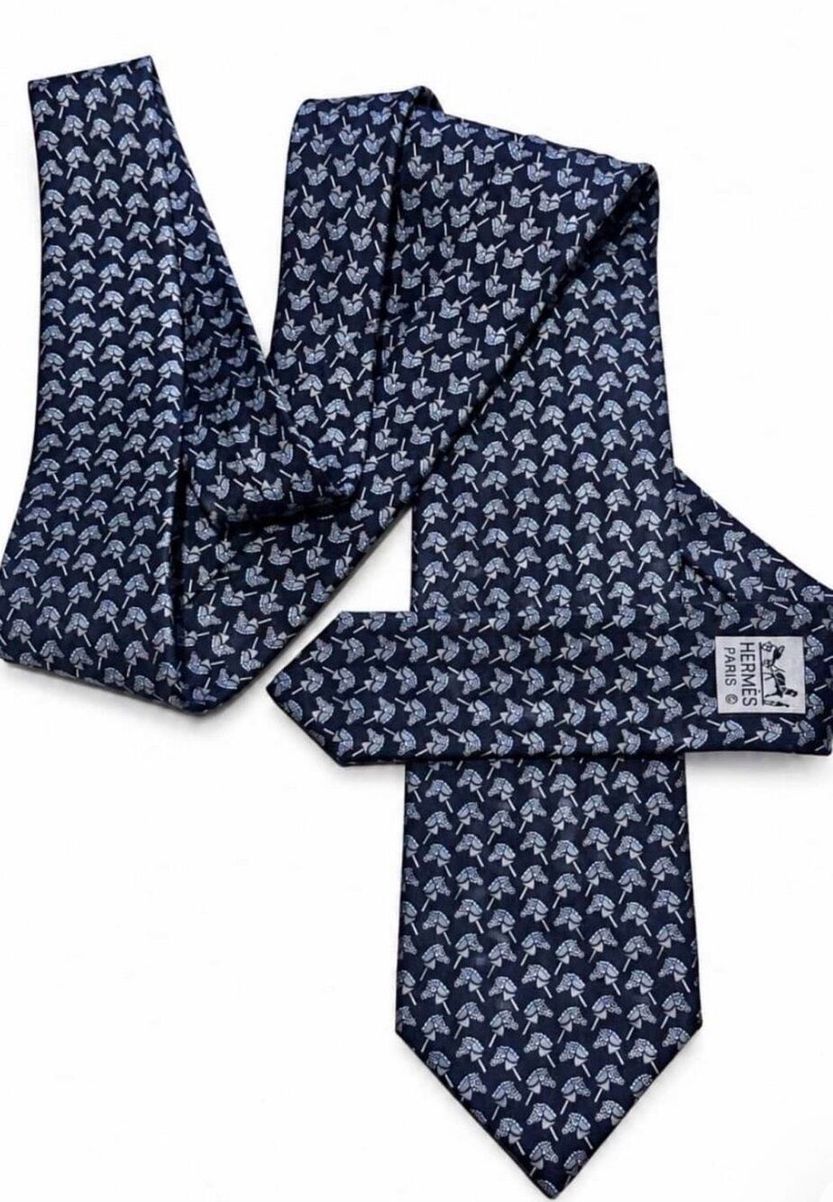 Hermes Silk Neck Tie Navy Blue Hobby Horse Pattern Equestrian Whimsical
